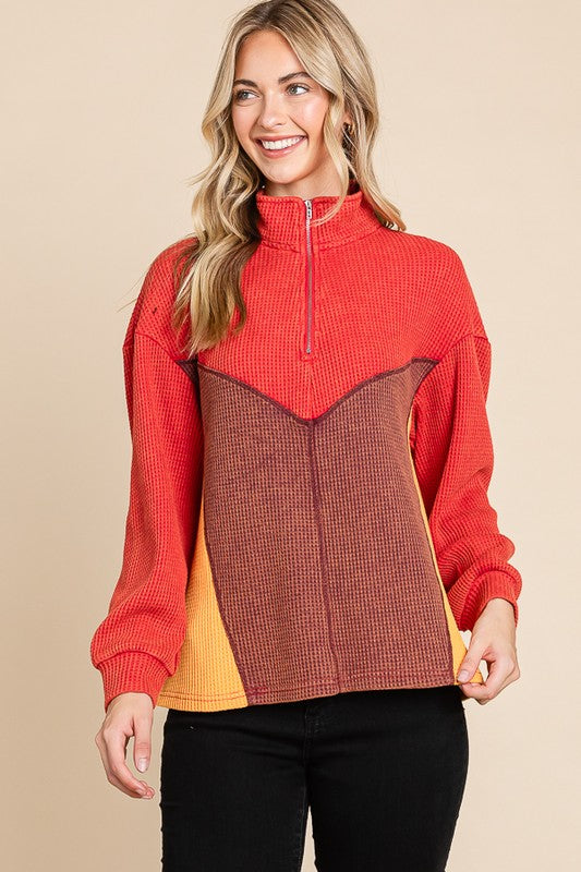 Multi Thermal Color Block Mineral Wash Zip Up Top