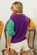 Purple/Mustard/Green Mardi Gras Color Block Pearl Beads Sweater