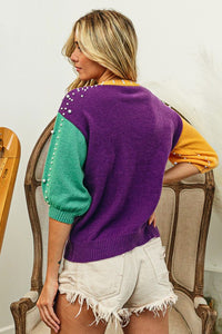 Purple/Mustard/Green Mardi Gras Color Block Pearl Beads Sweater