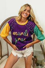 Purple/Mustard/Green Mardi Gras Color Block Pearl Beads Sweater