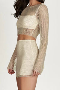 Beige Sheer Crop Top and Mini Skirt Set