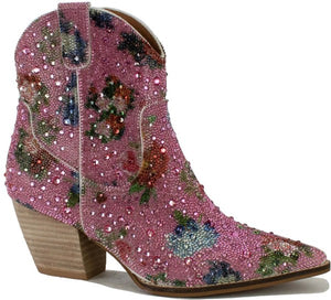Pink Floral Womens Rhinestone Chunky Ankle Booties