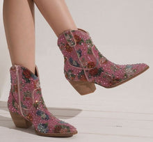 Pink Floral Womens Rhinestone Chunky Ankle Booties