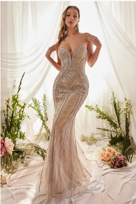 Platinum Crystal Studded Lace Mermaid Gown