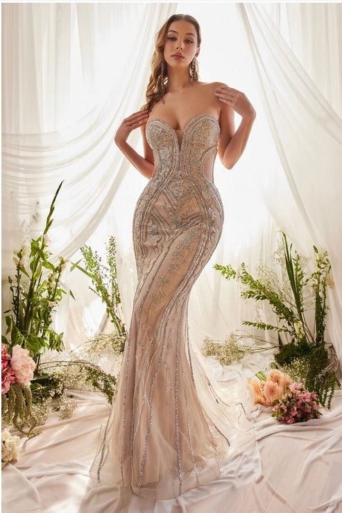 Platinum Crystal Studded Lace Mermaid Gown
