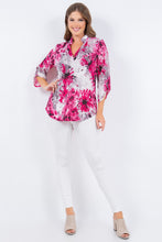 Pink Ivory Floral Print V-Neck Top With 3/4 Sleeves