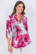 Pink Ivory Floral Print V-Neck Top With 3/4 Sleeves