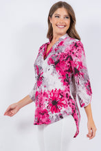 Pink Ivory Floral Print V-Neck Top With 3/4 Sleeves