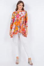Multi Orange Geo Print 3/4 Sleeves Hi-Lo Tunic Top