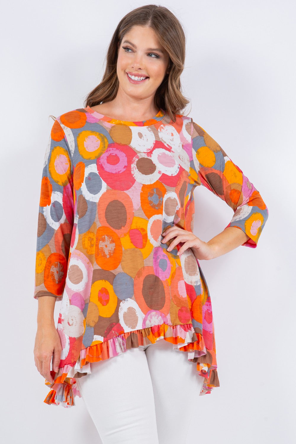 Multi Orange Geo Print 3/4 Sleeves Hi-Lo Tunic Top
