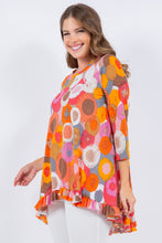 Multi Orange Geo Print 3/4 Sleeves Hi-Lo Tunic Top