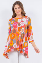 Multi Orange Geo Print 3/4 Sleeves Hi-Lo Tunic Top