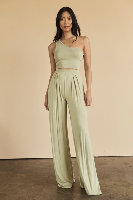 Sage Solid 2pc Modal Crop Top And Pants Set