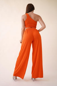 Orange Solid 2pc Modal Crop Top And Pants Set