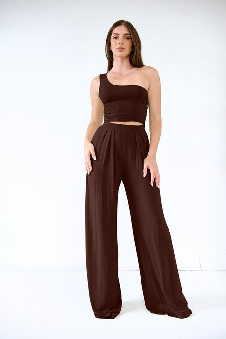 Chocolate Solid 2pc Modal Crop Top And Pants Set
