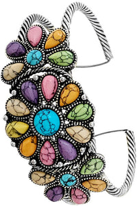 Multi Western Flower Gemstone Cable Wire Cuff Bracelet