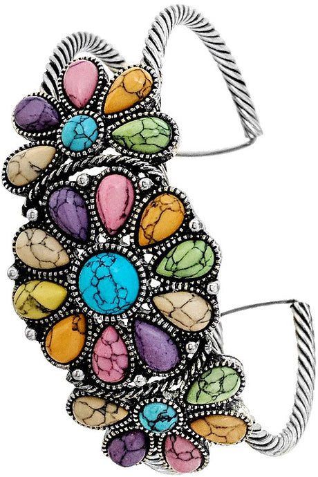 Multi Western Flower Gemstone Cable Wire Cuff Bracelet