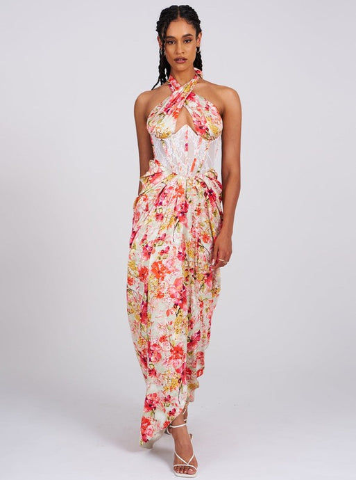 Zarina Red Floral Corset Satin Gown