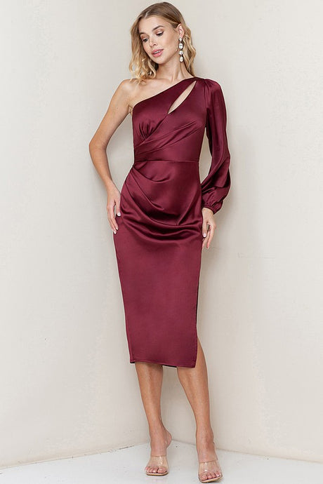 Wine One Shoulder Cut Out Detail Midi Dress