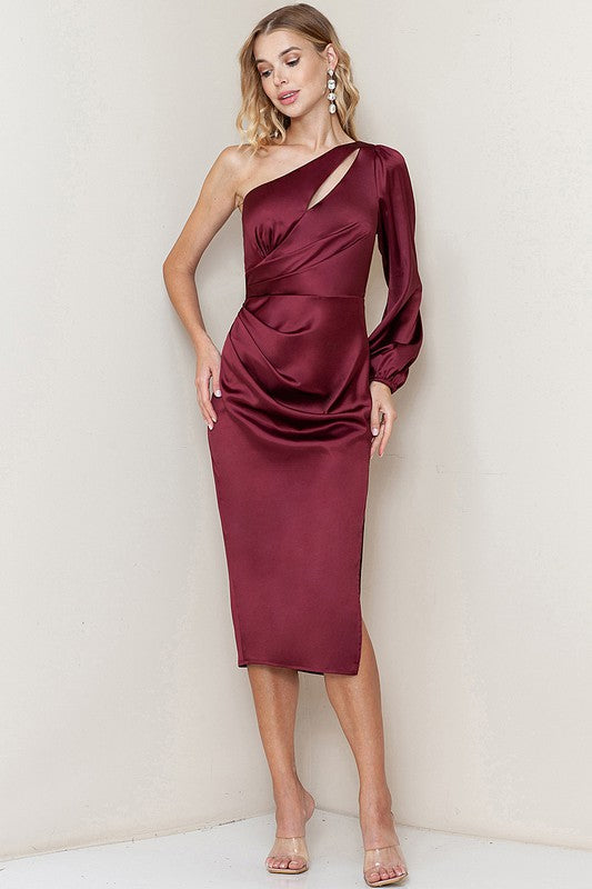 Wine One Shoulder Cut Out Detail Midi Dress Aquarius Brand