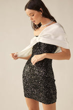 Black/White Asymmetric Sequin Off Shoulder Silk Ribbon Dress