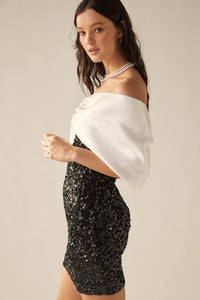 Black/White Asymmetric Sequin Off Shoulder Silk Ribbon Dress