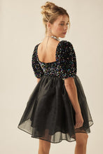 Black Multi Sequin Organza Puff Sleeve Babydoll Mini Dress