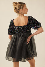Black Multi Sequin Organza Puff Sleeve Babydoll Mini Dress