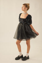 Black Multi Sequin Organza Puff Sleeve Babydoll Mini Dress