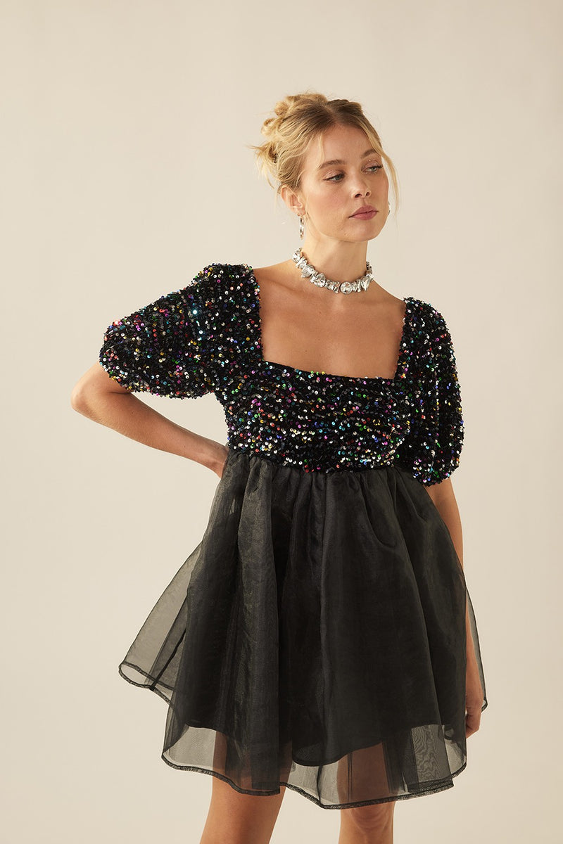 Black Multi Sequin Organza Puff Sleeve Babydoll Mini Dress – Aquarius Brand