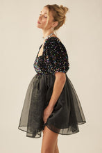 Black Multi Sequin Organza Puff Sleeve Babydoll Mini Dress