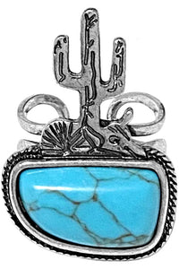 Turquoise Western Aztec Cactus Scenery Gemstone Cuff Ring