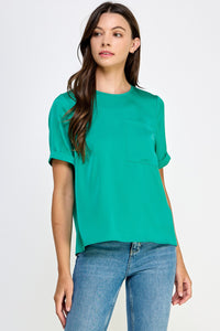 Turquoise Front Pocket Short Sleeve Satin Tee Top