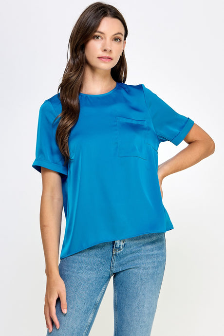 Classic Blue Front Pocket Short Sleeve Satin Tee Top