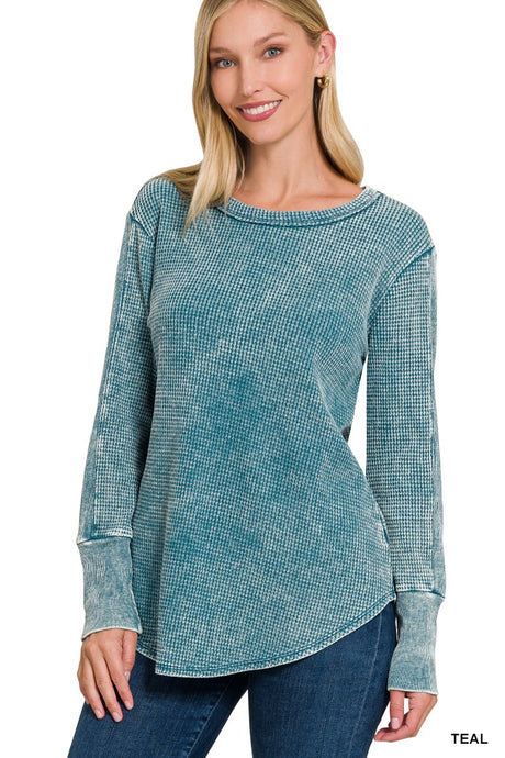 Teal Washed Baby Waffle Long Sleeve Top