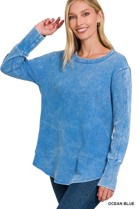 Ocean Blue Washed Baby Waffle Long Sleeve Top