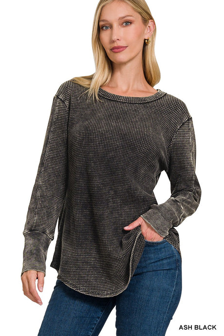 Ash Black Washed Baby Waffle Long Sleeve Top