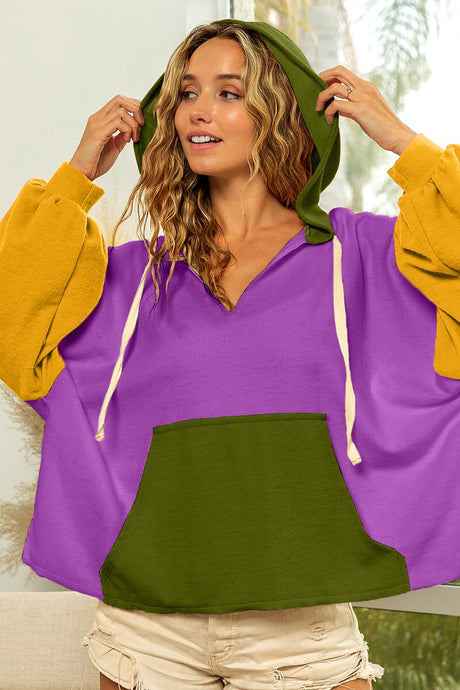 Purple/Mustard Mardigras Color Block Cut Edge Detailed Hoodie Top