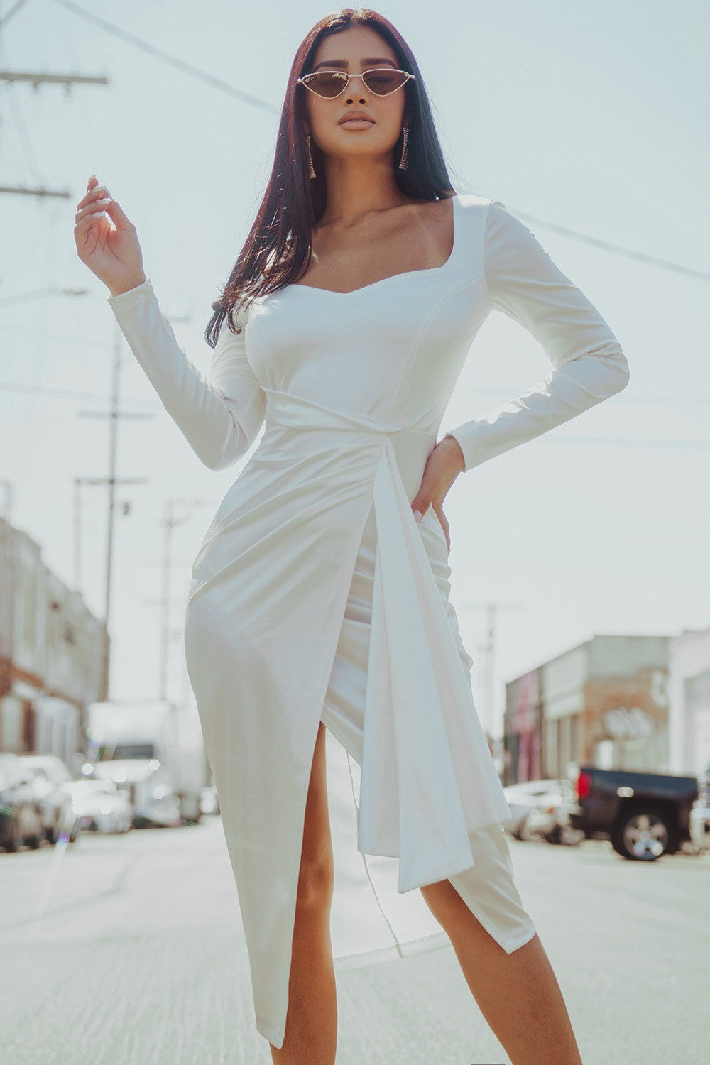 Ivory Satin Square Neck Ruched Midi Dress