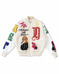 Cream Art Dealer Graphic Varsity Jacket
