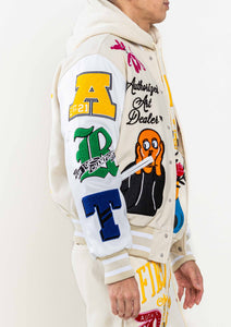 Cream Art Dealer Graphic Varsity Jacket