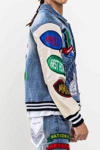 Light Stone Tint Multi Patches Varsity Denim Jacket