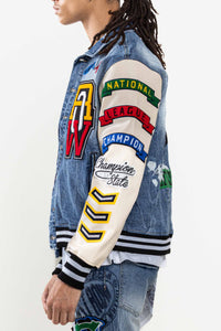 Light Stone Tint Multi Patches Varsity Denim Jacket