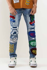 Light Stone Tint Multi Patches Varsity Slim Fit Denim Pants