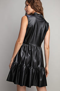 Black Faux Leather Tiered Mini Dress
