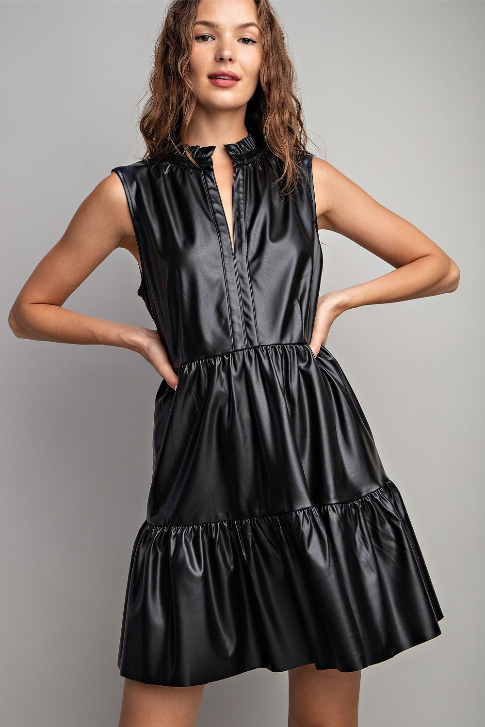 faux leather tiered dress FAUX LEATHER TIERED MIDI DRESS RainTree Boutique