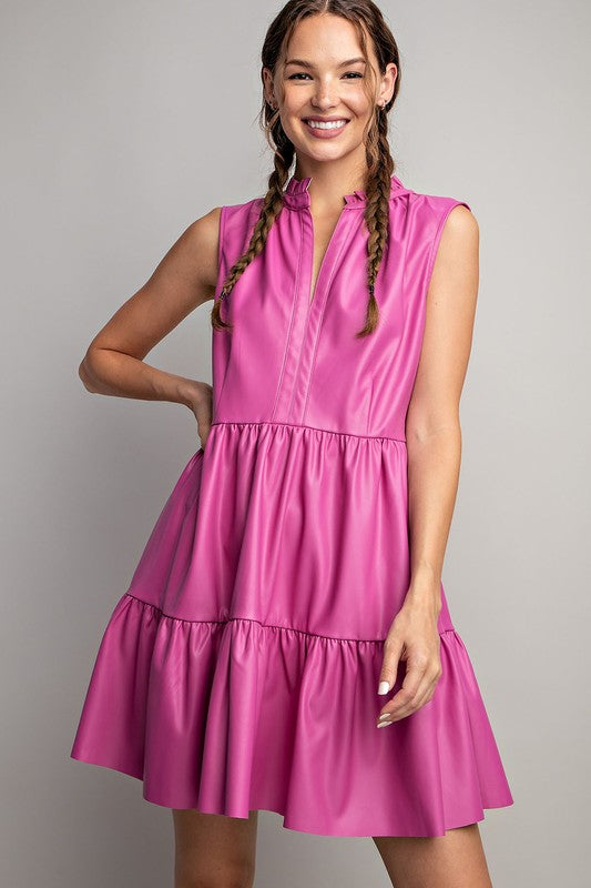 Hot Pink Faux Leather Tiered Mini Dress