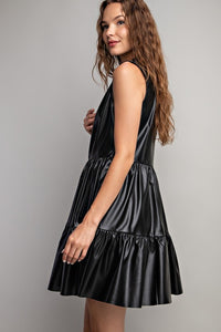 Black Faux Leather Tiered Mini Dress