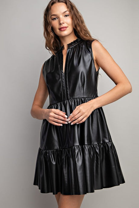 Black Faux Leather Tiered Mini Dress