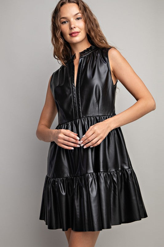 chinese dress ladies Faux Leather Sleeveless Tiered Mini Dress with Pockets